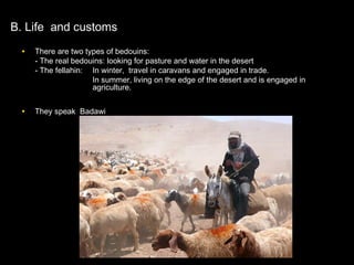 B. Life and customsB. Life and customs
• There are two types of bedouins:There are two types of bedouins:
-- The real bedouins:The real bedouins: looking for pasture and water in the desertlooking for pasture and water in the desert
- The fellahin:- The fellahin: In winter, travel in caravans and engaged in trade.In winter, travel in caravans and engaged in trade.
In summer, living on the edge of the desert and is engaged inIn summer, living on the edge of the desert and is engaged in
agriculture.agriculture.
• They speak BadawiThey speak Badawi
 