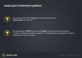 DIGITAL BEE MARKET YOUR BUSINESS GLOBALLY
Мы увеличили CVR в 3 раза за счет подключения
Look-a-like технологии
Мы удешевили СРМ более чем в 2 раза, научив систему покупать
показы, которые попадают в экран и игнорировать площадки, которые
эмулируют показ баннера
НАШИ ДОСТИЖЕНИЯ В ЦИФРАХ
/digitalbee.com/
 