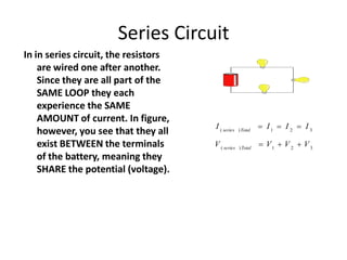 Series Circuit
In in series circuit, the resistors
are wired one after another.
Since they are all part of the
SAME LOOP t...