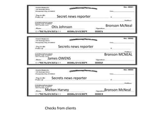Secret news reporter Bronson McNealOtis JohnsonSecrets news reporterBronson MCNEALJames OWENSSecrets news reporterMelton HarveyBronson McNealChecks from clients
