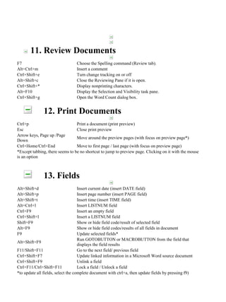 11. Review Documents
F7
Alt+Ctrl+m
Ctrl+Shift+e
Alt+Shift+c
Ctrl+Shift+*
Alt+F10
Ctrl+Shift+g

Choose the Spelling command (Review tab).
Insert a comment
Turn change tracking on or off
Close the Reviewing Pane if it is open.
Display nonprinting characters.
Display the Selection and Visibility task pane.
Open the Word Count dialog box.

12. Print Documents
Ctrl+p
Print a document (print preview)
Esc
Close print preview
Arrow keys, Page up /Page
Move around the preview pages (with focus on preview page*)
Down
Ctrl+Home/Ctrl+End
Move to first page / last page (with focus on preview page)
*Except tabbing, there seems to be no shortcut to jump to preview page. Clicking on it with the mouse
is an option

13. Fields
Alt+Shift+d
Alt+Shift+p
Alt+Shift+t
Alt+Ctrl+l
Ctrl+F9
Ctrl+Shift+l
Shift+F9
Alt+F9
F9

Insert current date (insert DATE field)
Insert page number (insert PAGE field)
Insert time (insert TIME field)
Insert LISTNUM field
Insert an empty field
Insert a LISTNUM field
Show or hide field code/result of selected field
Show or hide field codes/results of all fields in document
Update selected fields*
Run GOTOBUTTON or MACROBUTTON from the field that
Alt+Shift+F9
displays the field results
F11/Shift+F11
Go to the next field/ previous field
Ctrl+Shift+F7
Update linked information in a Microsoft Word source document
Ctrl+Shift+F9
Unlink a field
Ctrl+F11/Ctrl+Shift+F11
Lock a field / Unlock a field
*to update all fields, select the complete document with ctrl+a, then update fields by pressing f9)

 