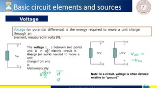 11
Voltage
Voltage (or potential difference) is the energy required to move a unit charge
through an
element, measured in volts (V).
The voltage
𝑣𝑎
𝑏
between two points
a
and b in an electric circuit is
the
Note: In a circuit, voltage is often defined
relative to “ground”
𝑣𝑎𝑏
=
energy (or work) needed to move a
unit
charge from a to
b;
Mathematically:
𝑑𝑊 𝑑
𝑞
𝑣𝑎𝑏 =
−𝑣𝑏𝑎
Basic circuit elements and sources
 