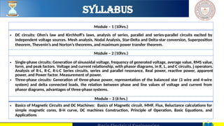 Syllabus
5
Module – 1 (10hrs.)
• DC circuits: Ohm’s law and Kirchhoff’s laws, analysis of series, parallel and series-parallel circuits excited by
independent voltage sources. Mesh analysis, Nodal Analysis, Star-Delta and Delta-star conversion, Superposition
theorem, Thevenin’s and Norton’s theorems, and maximum power transfer theorem.
Module – 2 (10hrs.)
• Single-phase circuits: Generation of sinusoidal voltage, frequency of generated voltage, average value, RMS value,
form, and peak factors. Voltage and current relationship, with phasor diagrams, in R, L, and C circuits, j operators.
Analysis of R-L, R-C, R-L-C Series circuits, series and parallel resonance, Real power, reactive power, apparent
power, and Power factor. Measurement of power.
• Three-phase circuits: Generation of three-phase power, representation of the balanced star (3 wire and 4-wire
system) and delta connected loads, the relation between phase and line values of voltage and current from
phasor diagrams, advantages of three-phase systems.
Module – 3 (6 hrs.)
• Basics of Magnetic Circuits and DC Machines: Basics of Magnetic circuit, MMF, Flux, Reluctance calculations for
simple magnetic cores, B-H curve, DC machines Construction, Principle of Operation, Basic Equations, and
Applications
 