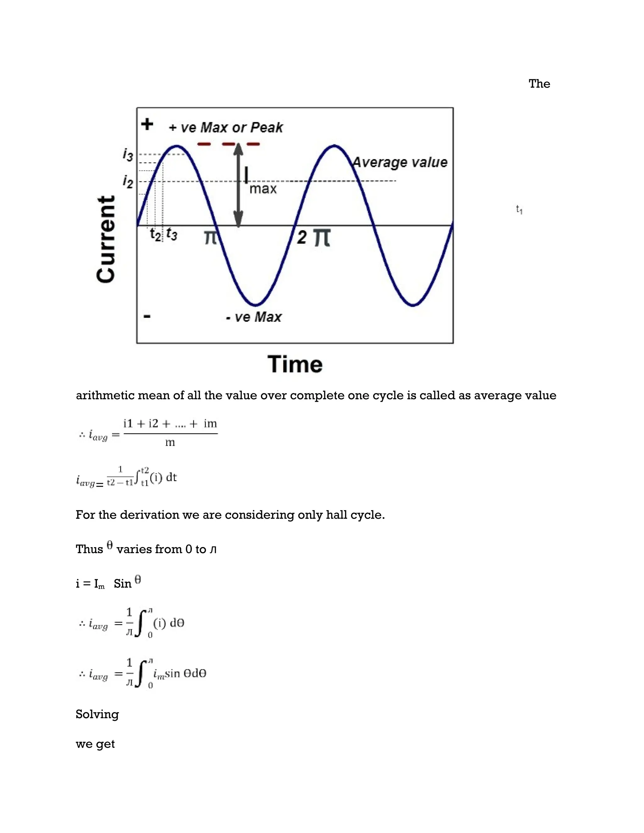 The
arithmetic mean of all the value over complete one cycle is called as average value
=
For the derivation we are considering only hall cycle.
Thus varies from 0 to ᴫ
i = Im Sin
Solving
we get
 
