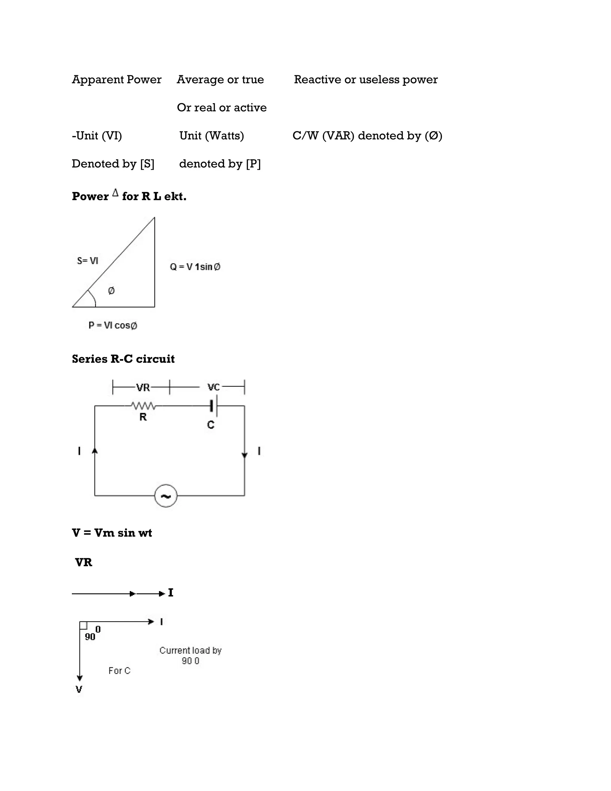 Apparent Power Average or true Reactive or useless power
Or real or active
-Unit (VI) Unit (Watts) C/W (VAR) denoted by (Ø)
Denoted by [S] denoted by [P]
Power for R L ekt.
Series R-C circuit
V = Vm sin wt
VR
I
 