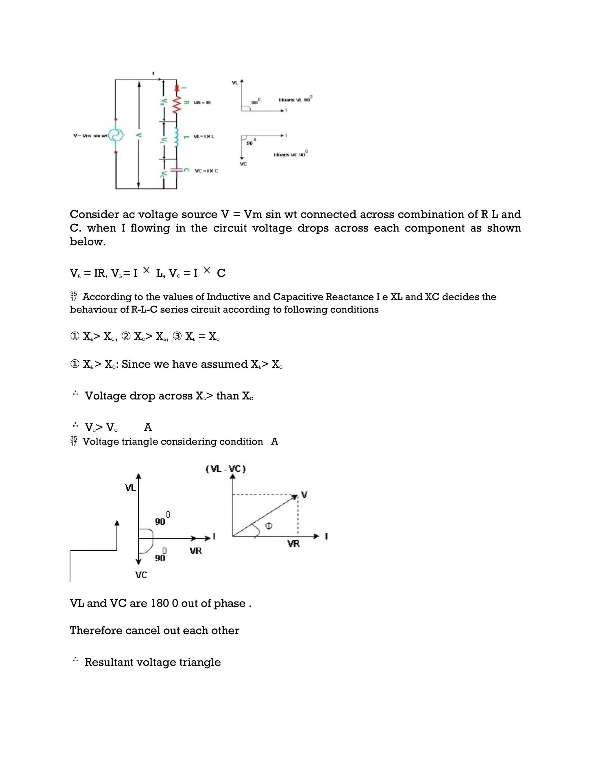 Consider ac voltage source V = Vm sin wt connected across combination of R L and
C. when I flowing in the circuit voltage drops across each component as shown
below.
VR = IR, VL = I L, VC = I C
 According to the values of Inductive and Capacitive Reactance I e XL and XC decides the
behaviour of R-L-C series circuit according to following conditions
① XL> XC, ② XC> XL, ③ XL = XC
① XL > XC: Since we have assumed XL> XC
Voltage drop across XL> than XC
VL> VC A
 Voltage triangle considering condition A
VL and VC are 180 0 out of phase .
Therefore cancel out each other
Resultant voltage triangle
 