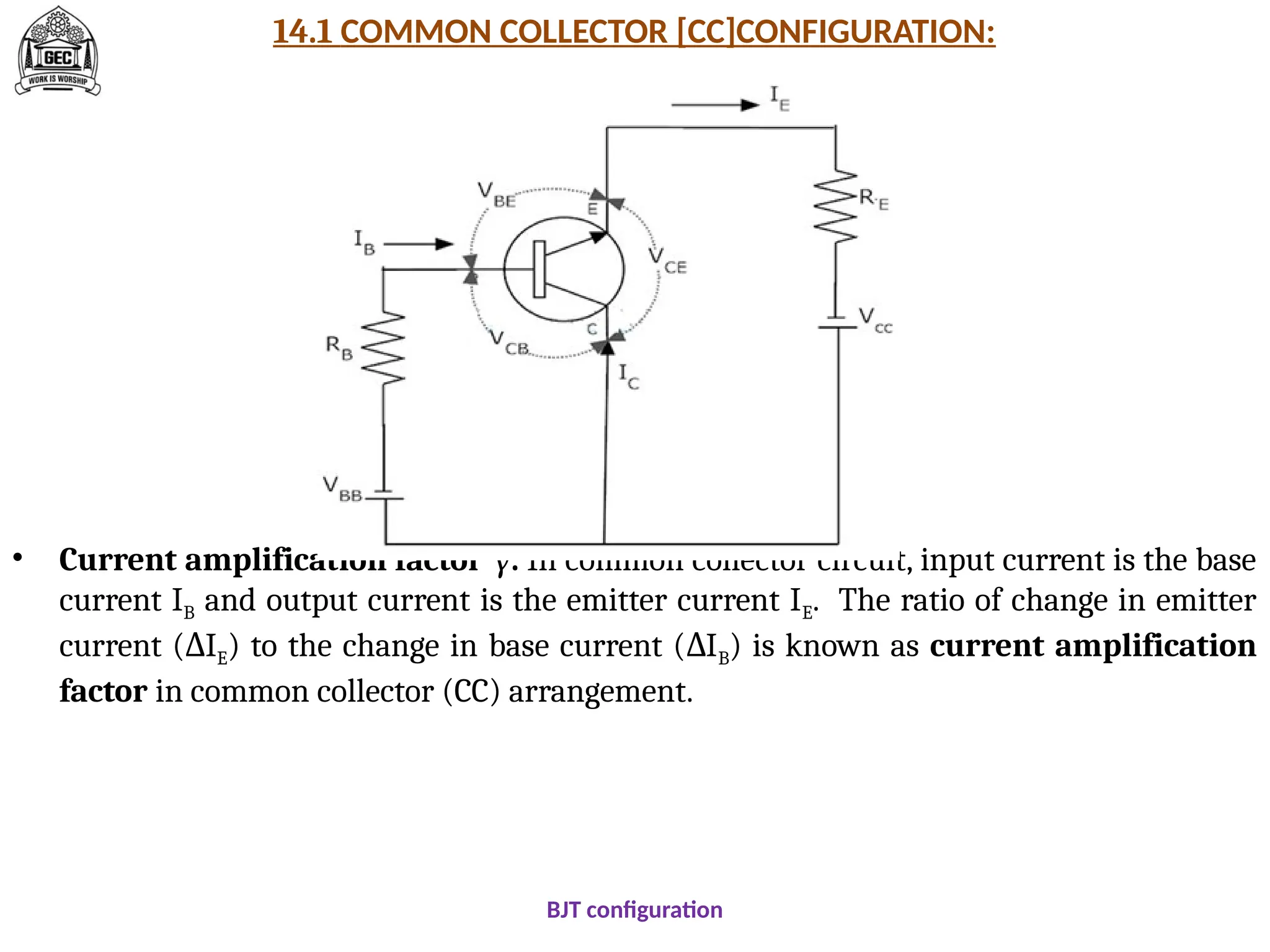14.1 COMMON COLLECTOR [CC]CONFIGURATION:
• Current amplification factor γ. In common collector circuit, input current is the base
current IB and output current is the emitter current IE. The ratio of change in emitter
current ( I
Δ E) to the change in base current ( I
Δ B) is known as current amplification
factor in common collector (CC) arrangement.
BJT configuration
 