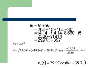 vs t 29.97cos
ω
t  39.7∘

19.14
 39.7∘
23.06
 (19.14)2
 29.96,θ tan1
Vs  Aejθ
A  23.062
 29
.97
39
.7∘
 20
45
∘
10
30
∘
 23
.06 j19
.14
14.14 j14.148.660 j5
Vs  V1 V2
 