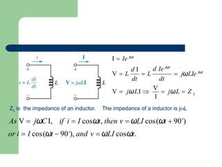 L
I  Ie jωt
V  jωLI 
V
 jωL  Z
dt
 L  jωLIe jωt
d Ie jωt
dt
d I
V  L
As V  jωC I, if i  I cosωt, then v  ωLI cos(ωt  90∘
)
or i  I cos(ωt  90∘
), and v  ωLI cosωt.
I
ZL is the impedance of an inductor. The impedance of a inductor is jL
 
