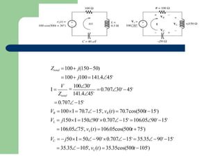  0.70730∘
45∘
141.445∘
I 
V

10030∘
 0.70715∘
VR 100I  70.715∘
, vR (t)  70.7cos(500t 15∘
)
VL  j150I 15090∘
0.70715∘
106.0590∘
15∘
106.0575∘
, vL(t) 106.05cos(500t 75∘
)
VC   j50I  5090∘
0.70715∘
 35.3590∘
15∘
 35.35105∘
, vL(t)  35.35cos(500t 105∘
)
Ztotal
Ztotal 100 j(15050)
100 j100141.445∘
 
