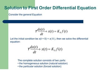 Solution to First Order Differential Equation
dt
τ
dx(t)
 x(t)  Ks f (t)
Consider the general Equation
dt
Let the initial condition be x(t = 0) = x( 0 ), then we solve the differential
equation:
τ
dx(t)
 x(t)  Ks f (t)
The complete solution consists of two parts:
• the homogeneous solution (natural solution)
• the particular solution (forced solution)
 