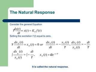 The Natural Response
τ
τ
N
x (t)  αet /τ
N
N
τ x (t) τ
N
N
x (t)
dt dt
dx (t) dxN (t)
 
xN (t)
,
dxN (t)
 
dt
 x (t)  0 or
dx (t) dt
 N
   ,
Consider the general Equation
dt
Setting the excitation f (t) equal to zero,
τ
dx(t)
 x(t)  Ks f (t)
It is called the natural response.
 