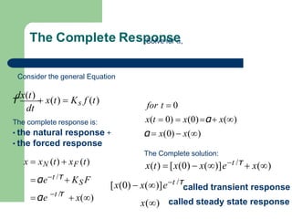 t /τ
αe  x()
 αet /τ KS F
Consider the general Equation
dt
The complete response is:
• the natural response +
• the forced response
x  xN (t)  xF (t)
τ
dx(t)
 x(t)  Ks f (t)
The Complete Resp
So
olv
n
e f
s
ore
,
for t  0
x(t  0)  x(0)α x()
α x(0)  x()
The Complete solution:
x(t)  [x(0)  x()]et /τ  x()
[x(0)  x()]et /τ
called transient response
x() called steady state response
 