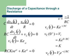     0
R
dt
t

vC t
C
dvC
 v t 0
dt
dv t
RC C
C
vC t Kest
RCKsest
 Kest
 0
Discharge of a Capacitance through a
Resistance
s 
1
RC
t RC
C
v t Ke
vC (0
) Vi
 Ke0/ RC
 K
t RC
i
C
v tV e
 