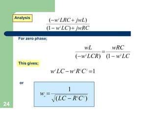 (w2
LRC  jwL)
Analysis
(1 w2
LC) jwRC
For zero phase;
wL wRC
24

(w2
LCR) (1 w2
LC
This gives;
w2
LC w2
R2
C2
1
or
o
1
(LC  R2
C2
)
w 
 
