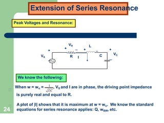 24
Extension of Series Resonance
Peak Voltages and Resonance:
VS R
L
C
+
_ I
VR
+ + +
_ _
VC
_
We know the following:
When w = wo = 1 , VS and I are in phase, the driving point impedance
LC
is purely real and equal to R.
A plot of |I| shows that it is maximum at w = wo. We know the standard
equations for series resonance applies: Q, wBW, etc.
 
