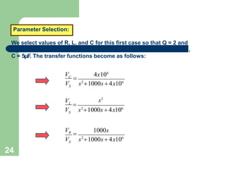 24
Parameter Selection:
We select values of R, L. and C for this first case so that Q = 2 and
o ,
C = 5μF
. The transfer functions become as follows:
S
V 4x106
V
C

s2
1000s  4x106
s2
S
V
V
L

s2
1000s  4x106
1000s
S
VR

V s2
1000s  4x106
 