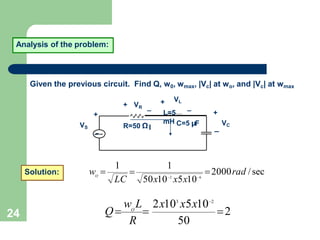 24
Analysis of the problem:
VS
mH C=5 μF
+
_
R=50 ΩI
+ V +
_ _
R
VL
L=5 +
_
VC
Given the previous circuit. Find Q, w0, wmax, |Vc| at wo, and |Vc| at wmax
Solution: 2000rad /sec
1
1
O

w 
LC 50x102
x5x106
2
50
R
w L 2x103
x5x102
Q O

 