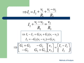 R2 R3
2

v1

v1 v2
2
1
I
R1 R2

v1 v2

v2
I  I
 I1  I2  G1v1 G2 (v1 v2 )
I2  G2 (v1 v2 )  G3v2

 I2
v1   I1  I2 

  G3 

v2 

G2 G2
 G1  G2  G2
Methods of Analysis
 