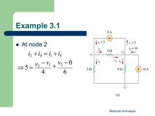 Example 3.1
Methods of Analysis
 v1

v2  0
4 6
 5 
v2
 At node 2
i2  i4  i1  i5
 