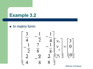 Example 3.2

Methods of Analysis
8 
1


 4

 2 8
3

9
8
2
1 7
 4
 In matrix form:
 3

1

1
3
1
  

3 v  0
  v  0
8  2   
4v  3
 
