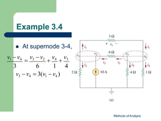 Example 3.4
Methods of Analysis
 At supernode 3-4,
v1 v4

v3 v2

v4

v3
3 6 1 4
v3  v4  3(v1  v4 )
 