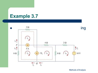 Example 3.7
 For the circuit in Fig. 3.24, find i1 to i4 using
mesh analysis.
Methods of Analysis
 