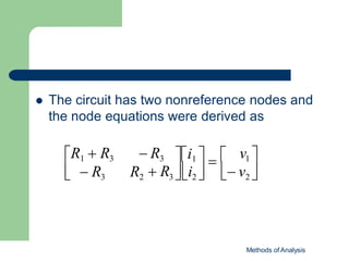  The circuit has two nonreference nodes and
the node equations were derived as
Methods of Analysis

 v2


v1 
i1   

  R3 

i2 

 R3 R2
R1  R3  R3
 