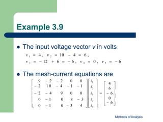Example 3.9
Methods of Analysis
 The input voltage vector v in volts
 The mesh-current equations are
v 1  4 , v 2  10  4  6 ,
v 3   12  6   6 , v 4  0 , v 5   6


 

 




  

 6

 


 9  2  2 0 0
  2 1 0  4  1  1

  2  4 9 0 0
 0  1 0 8
0  1 0  3
0
6
4
4
4 
 
 i5
 3   i
2
  i3     6 
  i 
  i1 
 