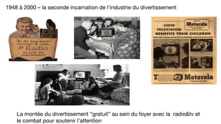 1948 à 2000 – la seconde incarnation de l’industrie du divertissement
La montée du divertissement “gratuit” au sein du foyer avec la radio&tv et
le combat pour soutenir l’attention
 