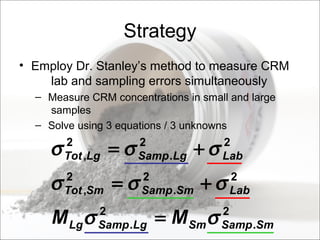 Strategy
• Employ Dr. Stanley’s method to measure CRM
lab and sampling errors simultaneously
– Measure CRM concentrations in small and large
samples
– Solve using 3 equations / 3 unknowns
2
.
2
.
22
.
2
,
22
.
2
,
SmSampSmLgSampLg
LabSmSampSmTot
LabLgSampLgTot
MM σσ
σσσ
σσσ
=
+=
+=
 