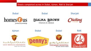 Shoots completed across in Dubai, Ajman, RAK & Sharjah
Sharjah
RAKAjman Dubai
DubaiDubai
Dubai
 