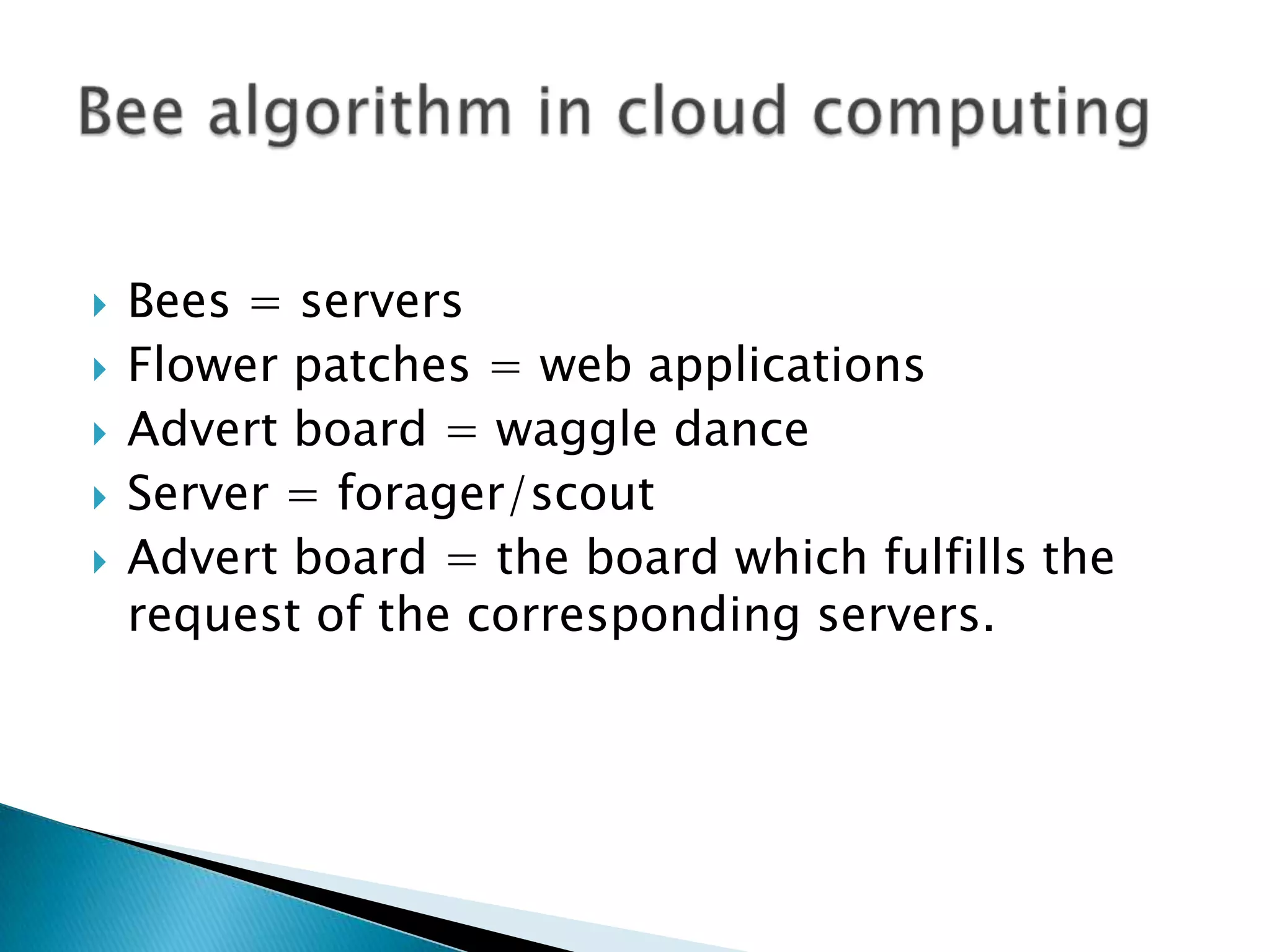  Bees = servers
 Flower patches = web applications
 Advert board = waggle dance
 Server = forager/scout
 Advert board = the board which fulfills the
request of the corresponding servers.
 