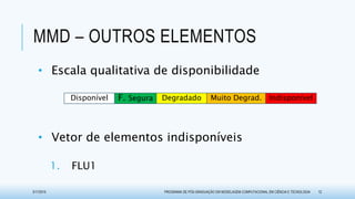 MMD – OUTROS ELEMENTOS
• Escala qualitativa de disponibilidade
• Vetor de elementos indisponíveis
1. FLU1
Disponível F. Segura Degradado Muito Degrad. Indisponível
3/17/2015 PROGRAMA DE PÓS-GRADUAÇÃO EM MODELAGEM COMPUTACIONAL EM CIÊNCIA E TECNOLOGIA 12
 