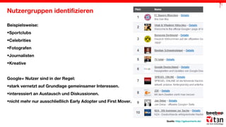 Nutzergruppen identifizieren
Beispielsweise:
•Sportclubs
•Celebrities
•Fotografen
•Journalisten
•Kreative
Google+ Nutzer sind in der Regel:
•stark vernetzt auf Grundlage gemeinsamer Interessen.
•interessiert an Austausch und Diskussionen.
•nicht mehr nur ausschließlich Early Adopter und First Mover.

Quelle: http://gpluscharts.de/

 