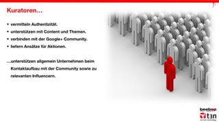 Kuratoren…
• vermitteln Authentizität.
• unterstützen mit Content und Themen.
• verbinden mit der Google+ Community.
• liefern Ansätze für Aktionen.
…unterstützen allgemein Unternehmen beim
Kontaktaufbau mit der Community sowie zu
relevanten Influencern.

 