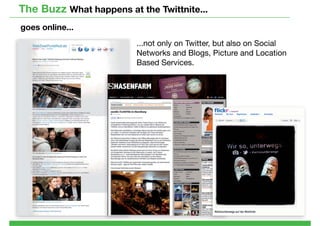 The Buzz What happens at the Twittnite...
goes online...
                         ...not only on Twitter, but also on Social
                         Networks and Blogs, Picture and Location
                         Based Services.
 