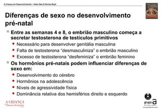 A Criança em Desenvolvimento – Helen Bee & Denise Boyd
Diferenças de sexo no desenvolvimento
pré-natal
 Entre as semanas 4 e 8, o embrião masculino começa a
secretar testosterona de testículos primitivos
 Necessário para desenvolver genitália masculina
 Falta de testosterona “desmasculiniza” o embrião masculino
 Excesso de testosterona “desfeminiza” o embrião feminino
 Os hormônios pré-natais podem influenciar diferenças de
sexo em:
 Desenvolvimento do cérebro
 Hormônios na adolescência
 Níveis de agressividade física
 Dominância relativa dos hemisférios direito e esquerdo
 