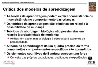 A Criança em Desenvolvimento – Helen Bee & Denise Boyd
Crítica dos modelos de aprendizagem
 As teorias da aprendizagem podem explicar consistência ou
inconsistência no comportamento das crianças
 Os teóricos da aprendizagem são otimistas em relação à
possibilidade de mudança
 Teóricos da abordagem biológica são pessimistas em
relação à probabilidade de mudança
 Ambas têm apoio, mas a biologia é correta para extremos da
personalidade
 A teoria da aprendizagem dá um quadro preciso da forma
como muitos comportamentos específicos são aprendidos
 Os elementos cognitivos de Bandura acrescentam força
 Conceito das próprias capacidades, qualidades e experiências
 