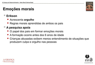 A Criança em Desenvolvimento – Helen Bee & Denise Boyd
Emoções morais
 Erikson
 Acrescenta orgulho
 Regras morais aprendidas de ambos os pais
 A pesquisa apoia
 O papel dos pais em formar emoções morais
 A formação ocorre antes dos 6 anos de idade
 Crianças abusadas exibem menos entendimento de situações que
produzem culpa e orgulho nas pessoas
 