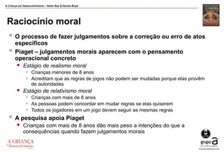 A Criança em Desenvolvimento – Helen Bee & Denise Boyd
Raciocínio moral
 O processo de fazer julgamentos sobre a correção ou erro de atos
específicos
 Piaget – julgamentos morais aparecem com o pensamento
operacional concreto
 Estágio de realismo moral
 Crianças menores de 8 anos
 Acreditam que as regras de jogos não podem ser mudadas porque elas provêm
de autoridades
 Estágio de relativismo moral
 Crianças com mais de 8 anos
 As pessoas podem concordar em mudar regras se elas quiserem
 Todos os jogadores em um jogo devem seguir as mesmas regras
 A pesquisa apoia Piaget
 Crianças com mais de 8 anos dão mais peso a intenções do que a
consequências quando fazem julgamentos morais
 