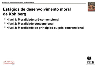 A Criança em Desenvolvimento – Helen Bee & Denise Boyd
Estágios de desenvolvimento moral
de Kohlberg
 Nível 1: Moralidade pré-convencional
 Nível 2: Moralidade convencional
 Nível 3: Moralidade de princípios ou pós-convencional
 
