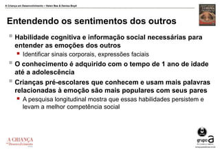 A Criança em Desenvolvimento – Helen Bee & Denise Boyd
Entendendo os sentimentos dos outros
 Habilidade cognitiva e informação social necessárias para
entender as emoções dos outros
 Identificar sinais corporais, expressões faciais
 O conhecimento é adquirido com o tempo de 1 ano de idade
até a adolescência
 Crianças pré-escolares que conhecem e usam mais palavras
relacionadas à emoção são mais populares com seus pares
 A pesquisa longitudinal mostra que essas habilidades persistem e
levam a melhor competência social
 