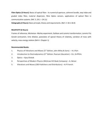 Fibre Optics (3 Hours): Basics of optical fibre - its numerical aperture, coherent bundle, step index and
graded index fibre, material dispersion, fibre Optics sensors, applications of optical fibre in
communication systems. (Ref. 3, 24.1 – 24.11)
Holography (2 Hours): Basic principle, theory and requirements. (Ref. 3: 18.1-18.4)
RELATIVITY (6 Hours)
Frames of reference, Michelson- Morley experiment, Galilean and Lorentz transformation, Lorentz Fitz
Gerald contraction, time dilation, postulates of special theory of relativity, variation of mass with
velocity, mass energy relation (Ref.4 : Chapter 1)
Recommended Books:
1. Physics of Vibrations and Waves (5th
Edition, John Wiley & Sons) – H.J.Pain
2. Introduction to Electrodynamics (3rd
Edition, Pearson Education) – D.J. Griffiths
3. Optics – Ajoy Ghatak
4. Perspectives of Modern Physics (McGraw Hill Book Company) – A. Beiser
5. Vibrations and Waves (CBS Publishers and Distributors) – A.P.French.
 