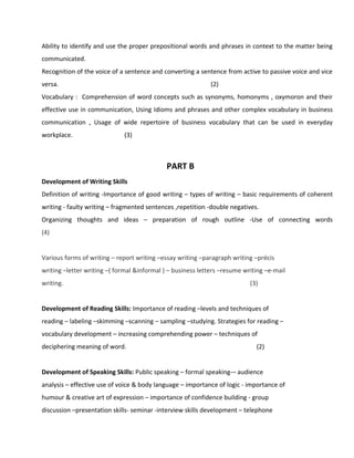 Ability to identify and use the proper prepositional words and phrases in context to the matter being
communicated.
Recognition of the voice of a sentence and converting a sentence from active to passive voice and vice
versa. (2)
Vocabulary : Comprehension of word concepts such as synonyms, homonyms , oxymoron and their
effective use in communication, Using Idioms and phrases and other complex vocabulary in business
communication , Usage of wide repertoire of business vocabulary that can be used in everyday
workplace. (3)
PART B
Development of Writing Skills
Definition of writing -Importance of good writing – types of writing – basic requirements of coherent
writing - faulty writing – fragmented sentences ,repetition -double negatives.
Organizing thoughts and ideas – preparation of rough outline -Use of connecting words
(4)
Various forms of writing – report writing –essay writing –paragraph writing –précis
writing –letter writing –( formal &informal ) – business letters –resume writing –e-mail
writing. (3)
Development of Reading Skills: Importance of reading –levels and techniques of
reading – labeling –skimming –scanning – sampling –studying. Strategies for reading –
vocabulary development – increasing comprehending power – techniques of
deciphering meaning of word. (2)
Development of Speaking Skills: Public speaking – formal speaking-– audience
analysis – effective use of voice & body language – importance of logic - importance of
humour & creative art of expression – importance of confidence building - group
discussion –presentation skills- seminar -interview skills development – telephone
 
