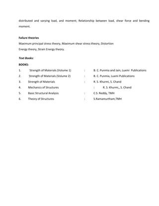 distributed and varying load, and moment; Relationship between load, shear force and bending
moment.
Failure theories
Maximum principal stress theory, Maximum shear stress theory, Distortion
Energy theory, Strain Energy theory.
Text Books:
BOOKS:
1. Strength of Materials (Volume 1) : B. C. Punmia and Jain, Luxmi Publications
2. Strength of Materials (Volume 2) : B. C. Punmia, Luxmi Publications
3. Strength of Materials : R. S. Khurmi, S. Chand
4. Mechanics of Structures : R. S. Khurmi,, S. Chand
5. Basic Structural Analysis : C.S. Reddy, TMH
6. Theory of Structures : S.Ramamurtham,TMH
 