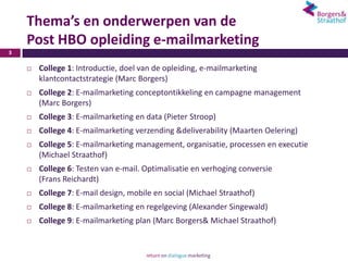 Thema’s en onderwerpen van de
    Post HBO opleiding e-mailmarketing
3

       College 1: Introductie, doel van de opleiding, e-mailmarketing
        klantcontactstrategie (Marc Borgers)
       College 2: E-mailmarketing conceptontikkeling en campagne management
        (Marc Borgers)
       College 3: E-mailmarketing en data (Pieter Stroop)
       College 4: E-mailmarketing verzending &deliverability (Maarten Oelering)
       College 5: E-mailmarketing management, organisatie, processen en executie
        (Michael Straathof)
       College 6: Testen van e-mail. Optimalisatie en verhoging conversie
        (Frans Reichardt)
       College 7: E-mail design, mobile en social (Michael Straathof)
       College 8: E-mailmarketing en regelgeving (Alexander Singewald)
       College 9: E-mailmarketing plan (Marc Borgers& Michael Straathof)
 