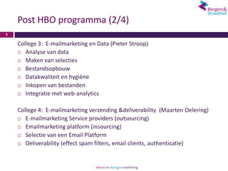 Post HBO programma (2/4)
5

    College 3: E-mailmarketing en Data (Pieter Stroop)
     Analyse van data

     Maken van selecties

     Bestandsopbouw

     Datakwaliteit en hygiëne

     Inkopen van bestanden

     Integratie met web-analytics



    College 4: E-mailmarketing verzending &deliverability (Maarten Oelering)
     E-mailmarketing Service providers (outsourcing)

     Emailmarketing platform (insourcing)

     Selectie van een Email Platform

     Deliverability (effect spam filters, email clients, authenticatie)
 