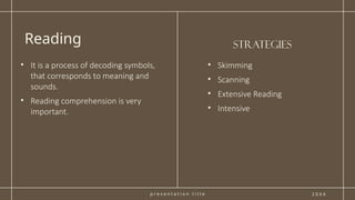 p r e s e n t a t i o n t i t l e
strategies
Reading
2 0 X X
• It is a process of decoding symbols,
that corresponds to meaning and
sounds.
• Reading comprehension is very
important.
• Skimming
• Scanning
• Extensive Reading
• Intensive
 