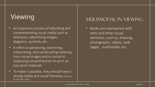 p r e s e n t a t i o n t i t l e
Multimodal in viewing
Viewing
2 0 X X
• an important process of attending and
comprehending visual media such as
television, advertising images,
diagrams, symbols, etc.
• It refers to perceiving, examining,
interpreting, and constructing meaning
from visual images and is curical to
improving compreheshion fo print an
non-print materials
• To make it possible, they should have a
strong media and visual literacies (Carolino
& Queroda, 2019)
• Books are intertwined with
texts and other visual
elements, such as, drawing,
photographs, videos, web
pages, multimedia, etc.
 